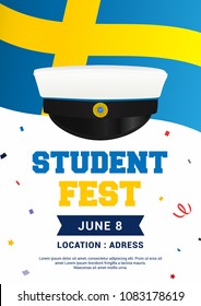 Studentfest (Swedish Translation: Student Party) poster Vector illustration. Graduation cap on Swedish flag.