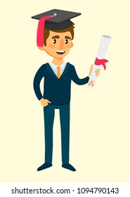 Student-graduate. Cartoon boy holding a scroll. Vector 2D illustration