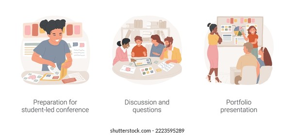 Student-led conference isolated cartoon vector illustration set. Preparation for student-led conference, classroom discussion, teacher ask questions, student portfolio presentation vector cartoon.