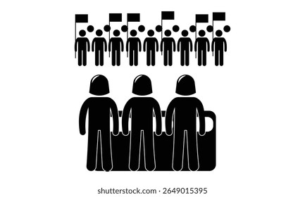 Student-People Uprising Day Man fighting, obstructing, and resisting police arrest. Pictogram depicts criminal threatening the law and order of justice by assaulting policeman. 