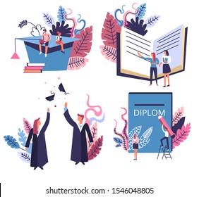 Students and academic hat, school and university graduation isolated icons vector. Education and knowledge, Master or Bachelor degree receiving. reading books and writing diploma, subject learning