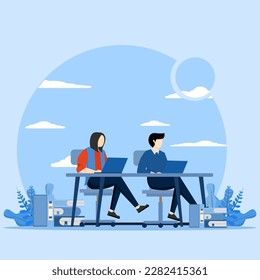 Students acquire knowledge, Education concept, Two people studying and studying with books and computer sitting at desks in school. flat design vector illustration