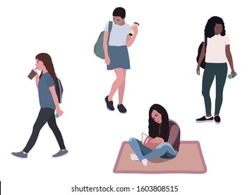 Students after school. Set of female students isolated on white background. Flat vector illustration.