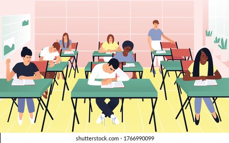 Students answer questions on homework in the classroom. Learning concept. Teenagers with different skin colors. Test question. Flat vector cartoon illustration.