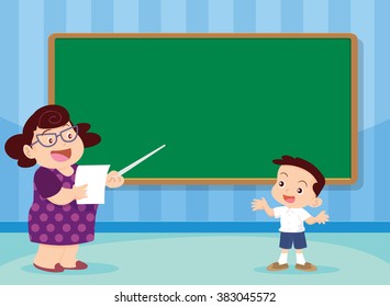 Students answer questions teacher front of chalkboard