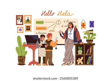 Students answers near blackboard in English class. Teacher explains, teaches pupils in classroom. Kids learning foreign languages in school. Flat isolated vector illustration on white background