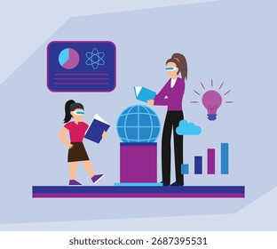 Estudiantes en gafas AR interactuando con un globo virtual, análisis de datos e información de Ciencia para el conocimiento global y la innovación Ilustración vectorial plana 2d