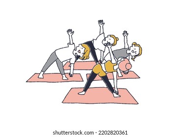 Students attending a yoga class, comical hand-drawn characters, vector, line drawing and color