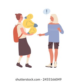 Estudiantes con atención a las ideas creativas, chica inteligente que lleva bombillas de luz Ilustración vectorial