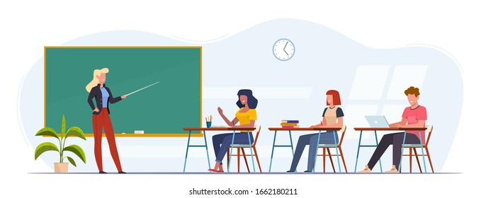 Students in audience. Young people listening lecture in university, college, teacher conducts training seminar, classroom lesson vector education concept