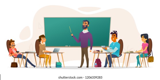 Students in the audience. Young people sitting at the tables and listening to a lecture. Flat cartoon vector illustration.