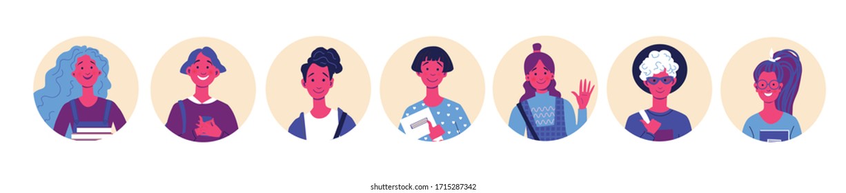 Students avatars collection, character set, portraits of teenagers, modern flat vector concept digital illustration.