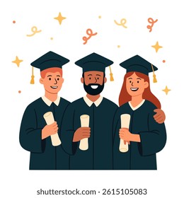 Students awarding of diploma. Young girl and boys with certificate in his hand wearing gown and graduate caps. 