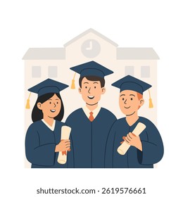 Students awarding of diploma. Young girls and boy with certificate in his hand wearing gown and graduate caps. 
