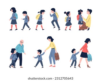 Students back to school characters. Little pupil with backpack and mother. Kindergarten or primary class, autumn study recent vector children