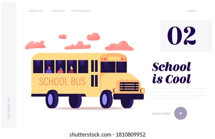 Students Back To School At Coronavirus Landing Page Template. Schoolkids Characters In Masks Sitting In Yellow School Bus. Kids Looking Out Of Schoolbus Window. Cartoon People Vector Illustration