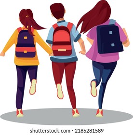 Students Back To School Vector. Group Of Students Running With Bags Back To School Vector. Boy And Girl Running View From Behind.