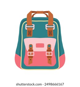 Students backpack green pink color. Back to school concept. Education and study learning. Vector illustration in flat style.