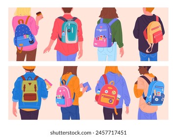 Estudiantes con mochilas vista trasera. Adolescentes con mochilas con útiles escolares, mochilas escolares con libros, encantos y parches juego de Ilustración vectorial plana. Mochilas escolares vista trasera