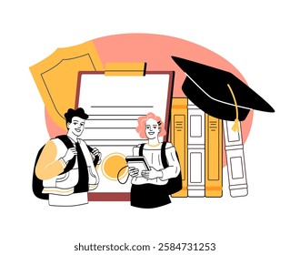 Students with backpacks and books near diploma, graduation cap, and shield on abstract background. Concept of education and success