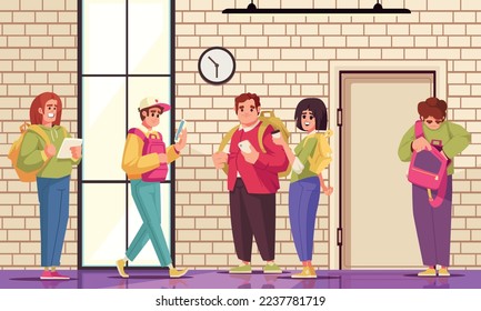 Students with backpacks cartoon poster in college corridor vector illustration