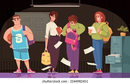 Students with backpacks cartoon poster in school interior vector illustration