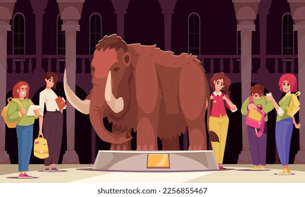 Estudiantes con mochilas de excursión en museo arqueológico caricatura ilustración vectorial