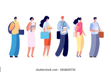 Students with backpacks. Young people studying, school teenagers holding books. College study, happy friends education vector characters