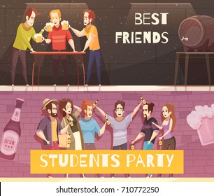 Students beer party horizontal banners with groups of young people in hipster clothes meeting in bar pub or cafe interior flat vector illustration