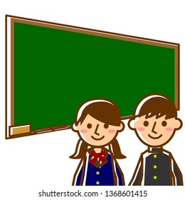 Students and blackboard. Male and female students in uniforms. Vector illustration.
