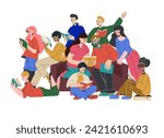 Students with books. Clever people. Young men and women read story together. Reader characters portrait. Friends in library. Teacher shares knowledge. Education group. Vector studying persons on sofa
