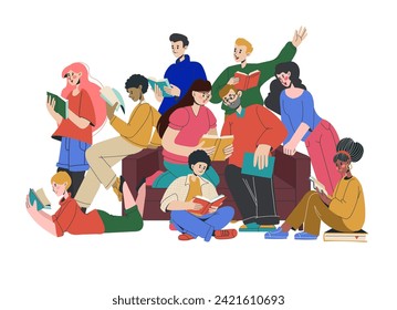 Students with books. Clever people. Young men and women read story together. Reader characters portrait. Friends in library. Teacher shares knowledge. Education group. Vector studying persons on sofa