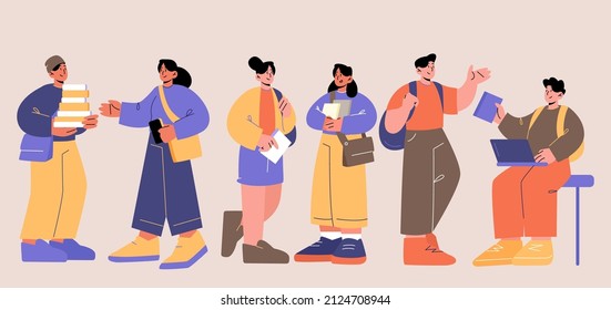 Students with books and gadgets. School, college or university girls and boys teenagers communicate, chat, work on laptop, prepare for exams. Classmates studying, Line art flat vector illustration