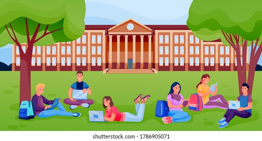 Students With Books And Laptops Sitting On Lawn Of University College Campus. Vector Flat Cartoon Illustration. Pupils Learning Outdoor