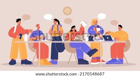 Students with books and laptops study at desk. School, college or university pupils girls and boys teenagers communicate, chat, prepare for exams. Classmates studying Line art flat vector illustration