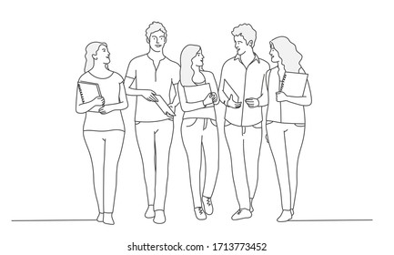 Students with books. Meeting.Contour drawing vector illustration. Line art.  