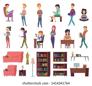 Students with books. People in library reading in bibliotheque school knowledge characters vector illustrations. Student character in library, education with literature