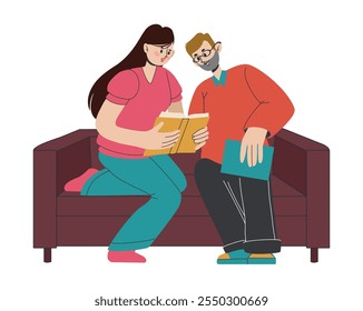 Estudiantes con libros. Personas leyendo juntos. Pareja sentada en un cómodo sofá. Aprendizaje de libros de texto. Sofá de casa. Educación. Ocio de Bookworm. Lectores de Biblioteca. Disfruta de la novela. Concepto de Vector