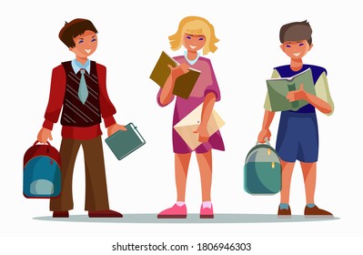 Estudiantes con libros y mochilas escolares. Ilustración vectorial.