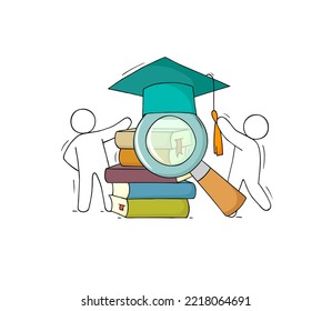 Students with books stack, graduation cap and magnifier. Concept of education in university or college, knowledge, study with doodle people with mortarboard hat and books, vector sketch illustration