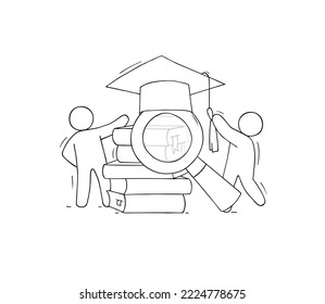 Students with books stack, graduation cap and magnifier. Concept of education in university or college, knowledge, study with doodle people with mortarboard hat and books, vector sketch illustration