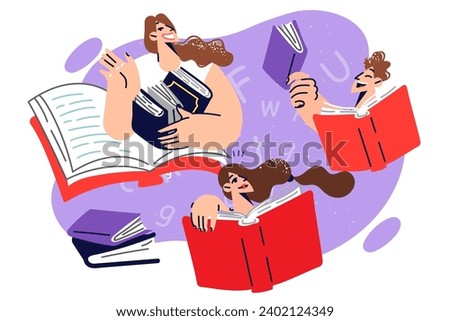 Students with books for studying foreign languages and gaining new knowledge before entering university. Guys and girls students hold dictionaries or encyclopedias of different sizes