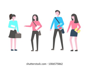 Students with books, vector isolated cartoon people. College learners, teenagers in casual cloth, textbooks in hands, male and female characters