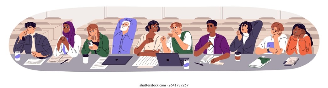 Students are bored at lectures. Tired audience listens to presentation, conference in class. Exhausted people sit at desk, talk, yawn, use phone while lesson in auditorium. Flat vector illustration