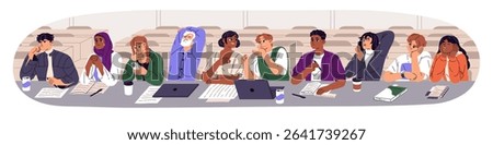 Students are bored at lectures. Tired audience listens to presentation, conference in class. Exhausted people sit at desk, talk, yawn, use phone while lesson in auditorium. Flat vector illustration