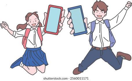Students, boy and girl, jumping while showing their phones