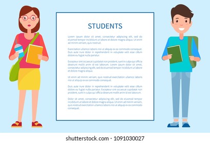 Students boy in green sweater and trousers, book in hands and girl with cup of coffee and handbag, teenager woman in glasses vector poster with frame