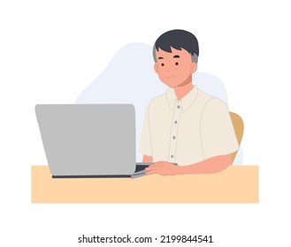 students boy sitting with laptop, surf internet, use social media. Flat vector illustration.