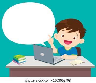 students boy sitting with laptop  and talking with Speech Bubble