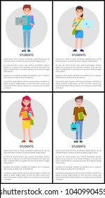 Students boys and girls in cartoon style posters design with place for text, woman and man with book and refreshing drink, college students vector set